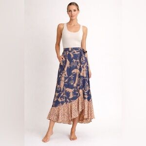Elegant High-Low Skirt in Navy and Beige with Jungle and Polka Dot Print